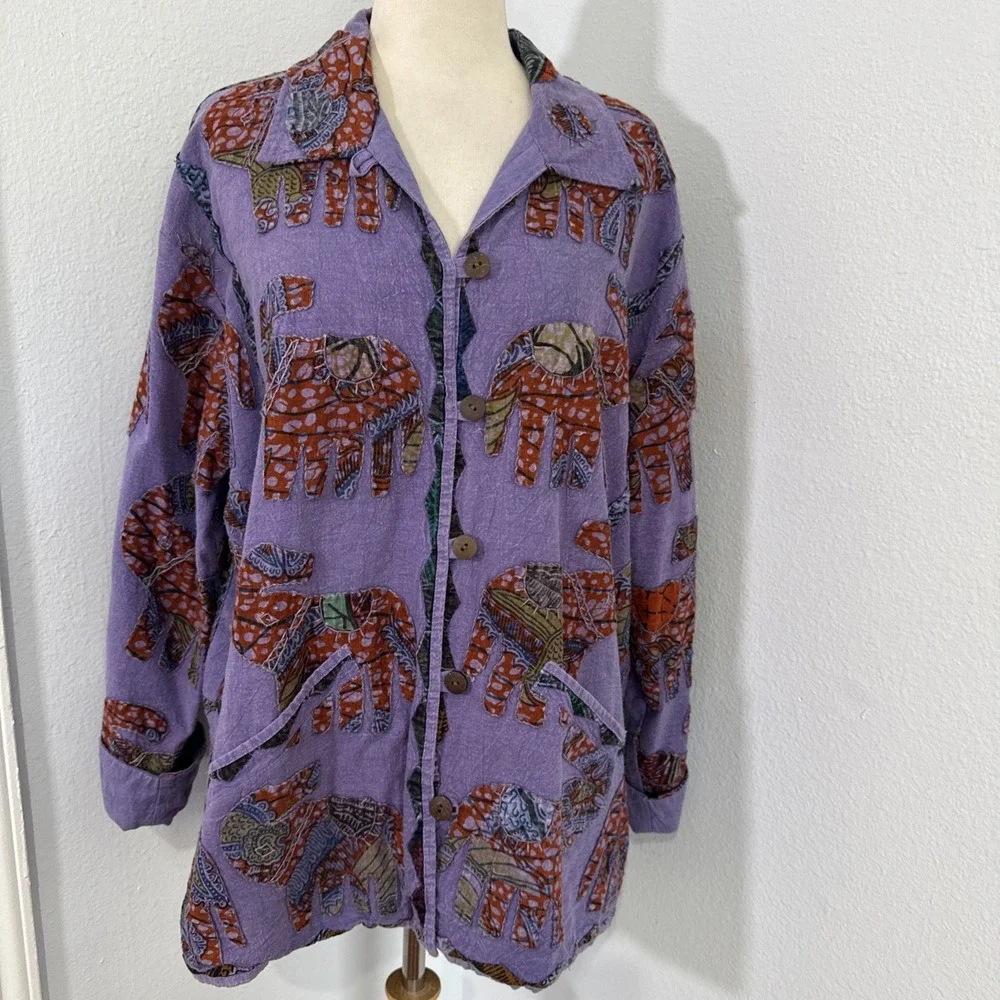 Jacket Womens S M Purple Elephant Patch Artisan Folk Boho Hippie Festival - Picture 2 of 12